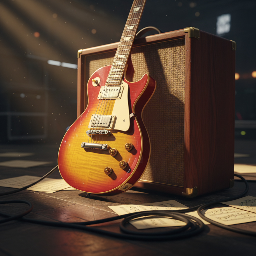 An iconic sunburst electric guitar resting against a rich mahogany amp, positioned on a textured stage floor scattered with vintage sheet music and tangled black instrument cables. Ambient golden hour light streams from stage right, painting dramatic highlights across the guitar’s glossy finish and emphasizing the grain of the amp’s wood. The mood is creative and dynamic, evoking the anticipation of a live set. Captured from a low-angle perspective for depth, with the guitar in sharp focus and the background in soft bokeh. The aesthetic is photographic realism, with vibrant yet natural tones reflecting a musician’s environment.