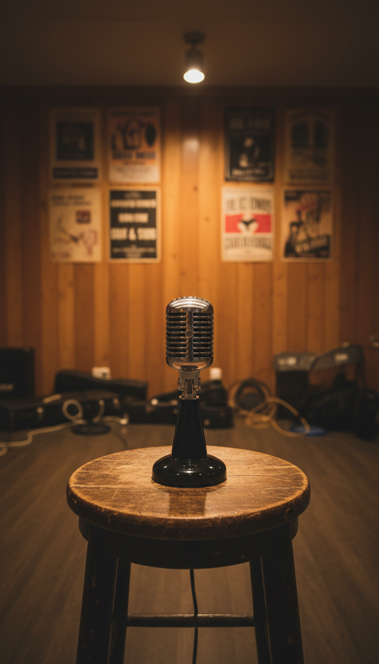 A glossy retro microphone with a ribbed chrome grille and polished black handle, perched atop a vintage wooden stage stool. The stool stands in the center of a softly lit rehearsal space, surrounded by warm wood-paneled walls and aged musical posters. A single, angled spotlight casts a gentle pool of light on the microphone, with faint glints off its chrome highlighting its curves. The scene feels nostalgic and inviting, capturing the mood of timeless music. Shot at eye level, with the microphone centered in the frame and a subtly blurred background for emphasis. The photographic style is realistic, clean, and slightly warm, fitting the universal theme of classic performance.