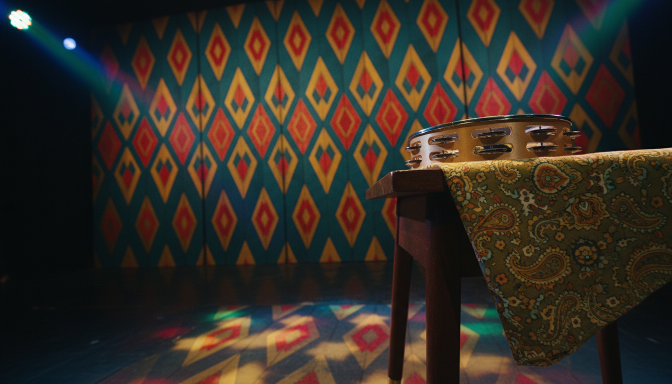 A vibrant, mid-century-inspired stage backdrop featuring bold geometric patterns in teal, gold, and crimson felt panels. In the foreground, a shiny tambourine with mirrored jangle discs rests on a retro paisley cloth draped over a side table. Dappled colored stage lights create lively reflections and a playful interplay of light and shadow across the scene. The mood is energetic and celebratory, recalling the exuberance of a classic music era. Framed at an oblique side angle for dynamic perspective, with moderate depth of field. The photographic style is crisp and visually engaging, adding a period-authentic touch.